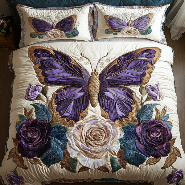 Lavender Bloom quilted 3-piece bedding set on a made bed with two matching pillow shams