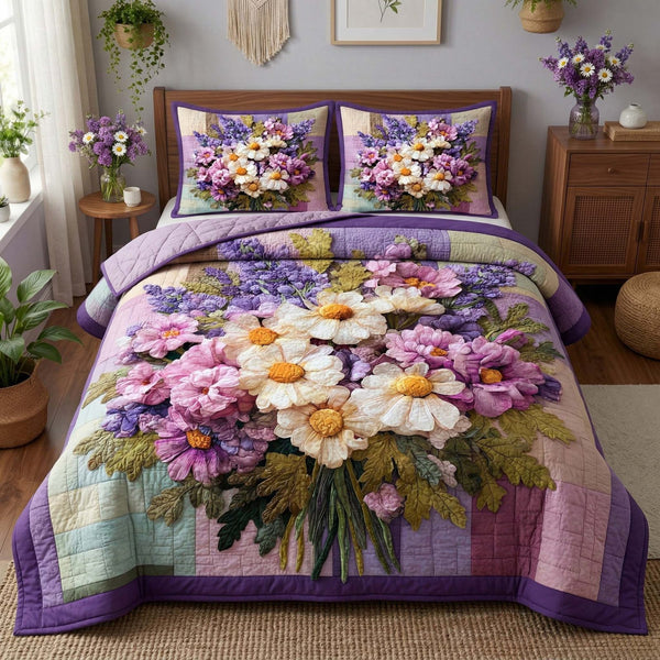 Lavender Bouquet quilted 3-piece bedding set on a made bed with two matching pillow shams