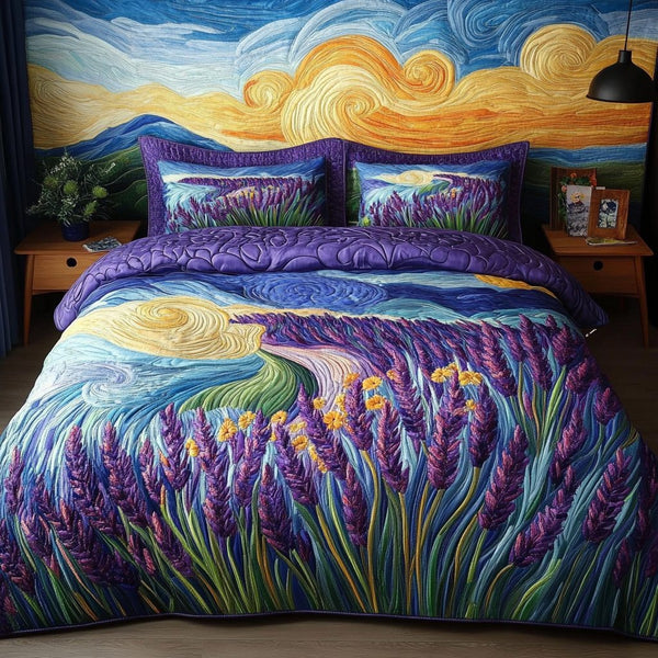 Lavender Breeze quilted 3-piece bedding set on a made bed with two matching pillow shams