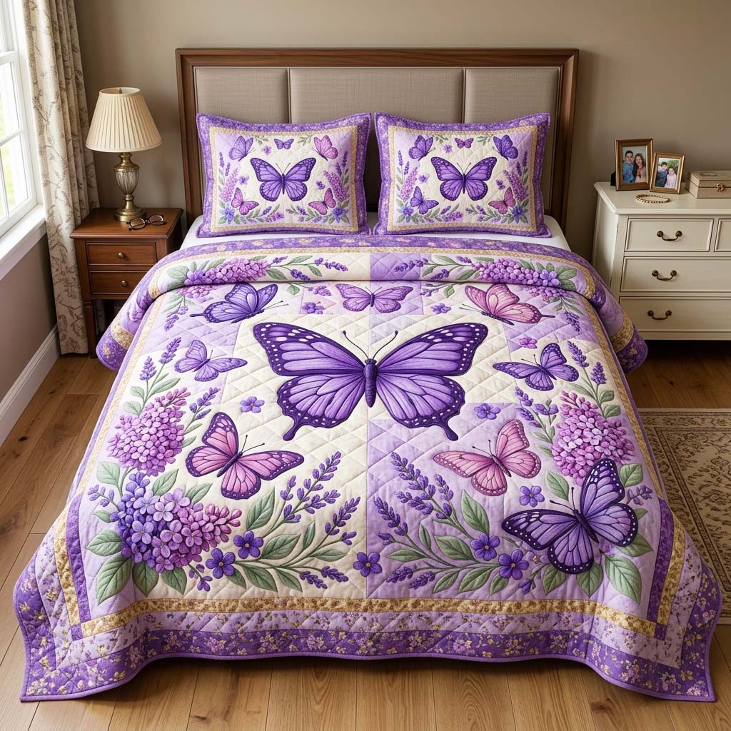 Lavender Butterfly quilted 3-piece bedding set on a made bed with two matching pillow shams