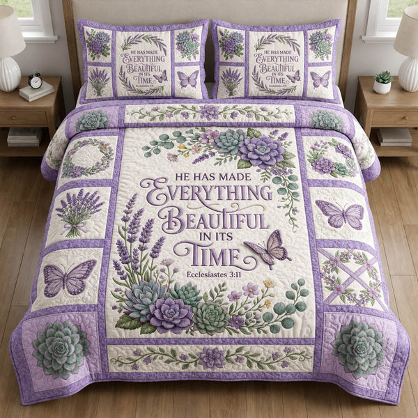 Lavender Christian quilted 3-piece bedding set on a made bed in a softly lit bedroom