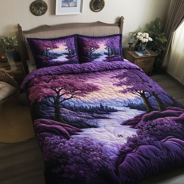 Lavender Coast quilted 3-piece bedding set on a made bed with two matching pillow shams