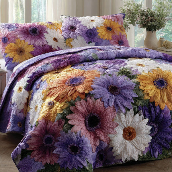 Lavender Daisies quilted 3-piece bedding set on a made bed with two matching pillow shams
