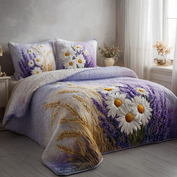 Lavender Daisy Dream quilted 3-piece bedding set on a made bed with two matching pillow shams