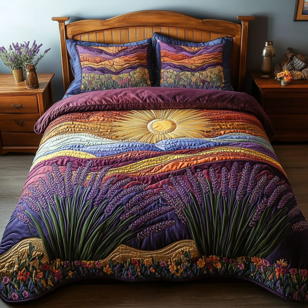 Lavender Dreams quilted 3-piece bedding set on a made bed with two matching pillow shams