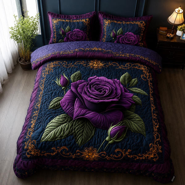 Lavender Elegance quilted 3-piece bedding set on a made bed with two matching pillow shams