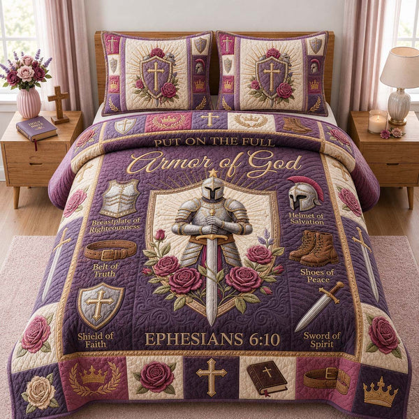 Lavender Faith Knight quilted 3-piece bedding set on a made bed in a softly lit bedroom