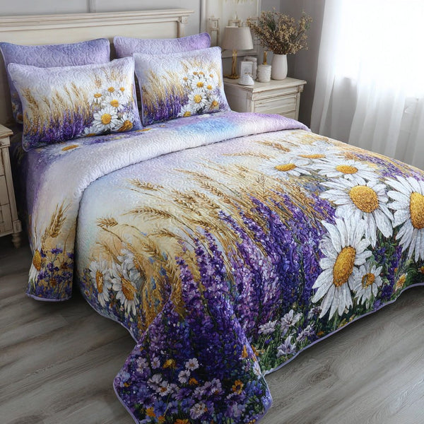 Lavender Field quilted 3-piece bedding set on a made bed with two matching pillow shams