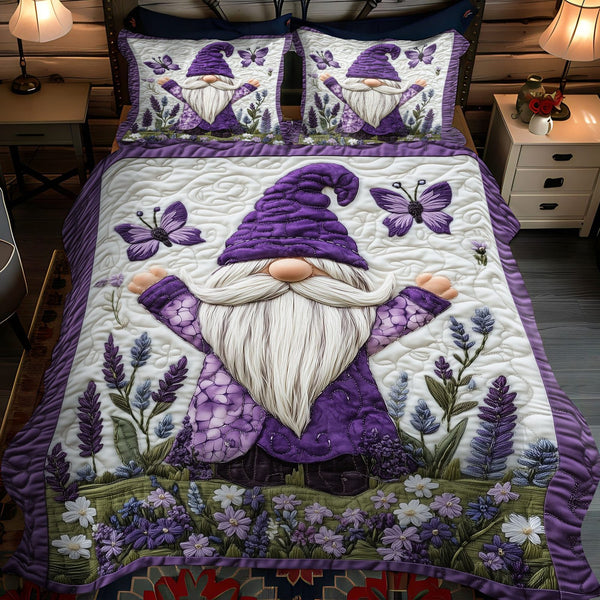 Lavender Fields Gnome quilted 3-piece bedding set on a made bed in a winter-styled bedroom