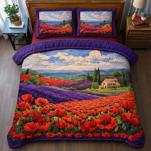Lavender Fields quilted 3-piece bedding set on a made bed with two matching pillow shams