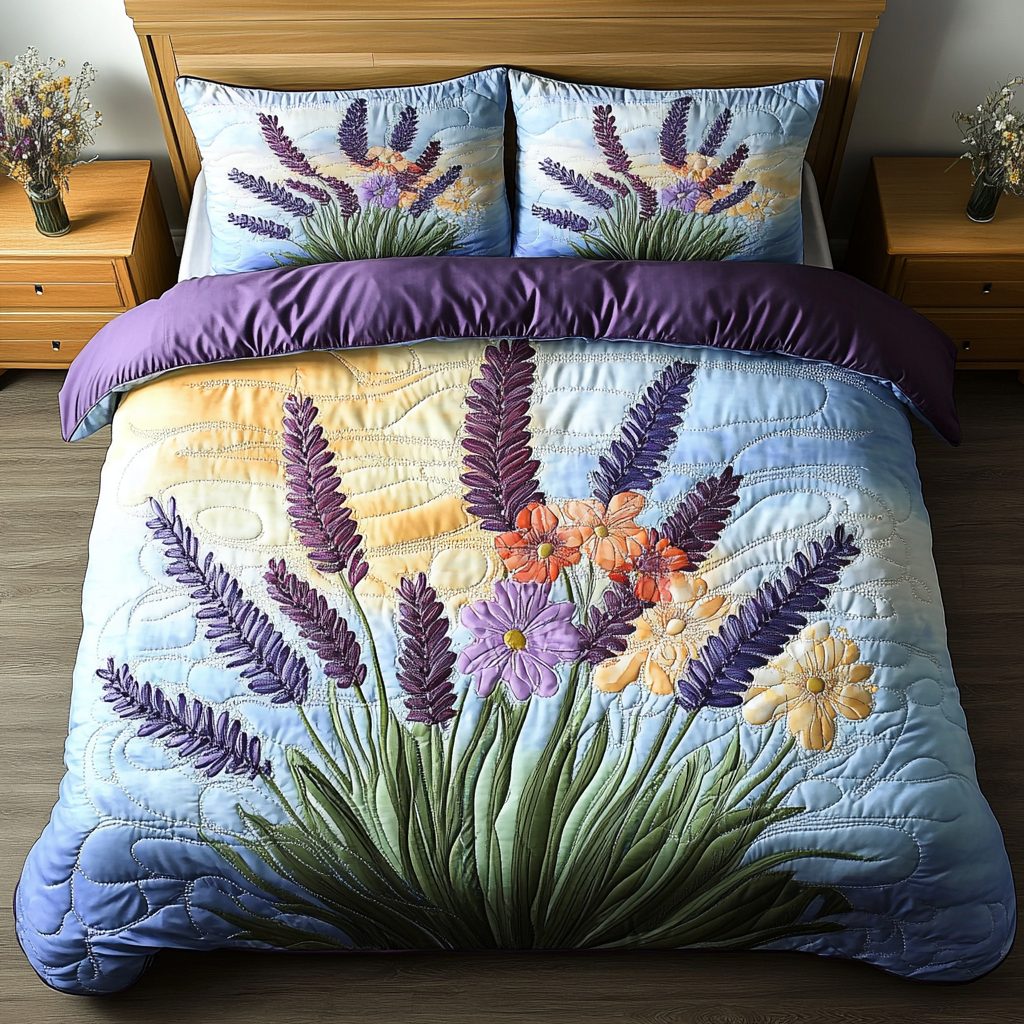 Lavender Fields quilted 3-piece bedding set on a made bed with two matching pillow shams