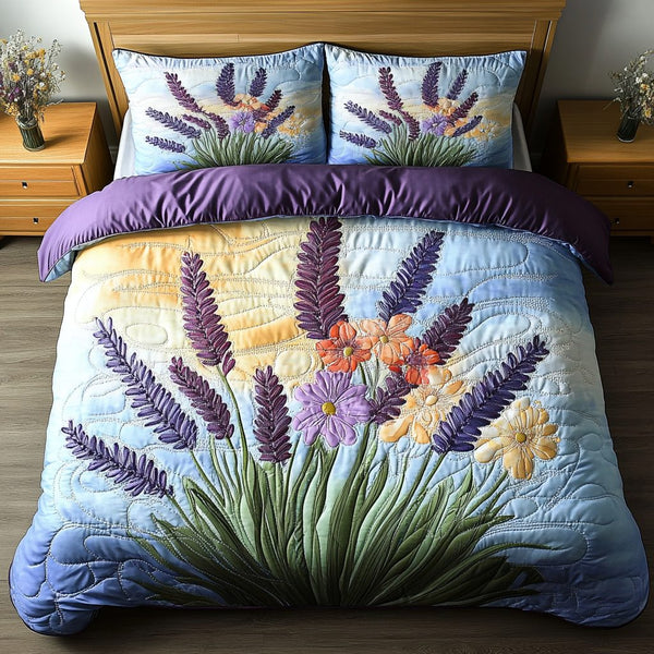 Lavender Fields quilted 3-piece bedding set on a made bed with two matching pillow shams