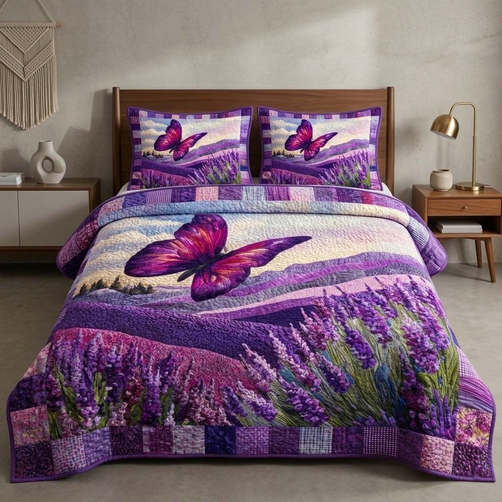 Lavender Flight quilted 3-piece bedding set on a made bed with two matching pillow shams