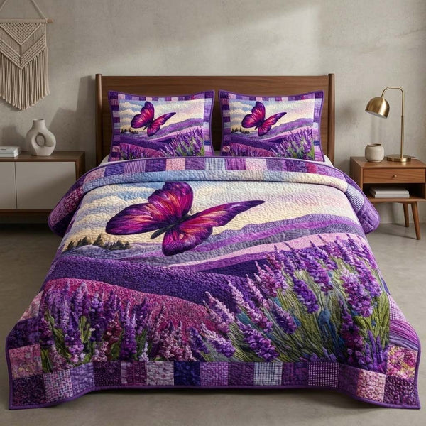 Lavender Flight quilted 3-piece bedding set on a made bed with two matching pillow shams