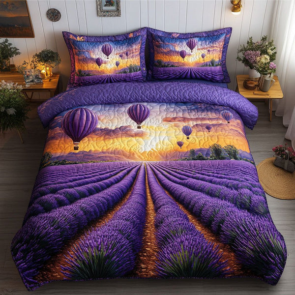 Lavender Glow quilted 3-piece bedding set on a made bed with two matching pillow shams