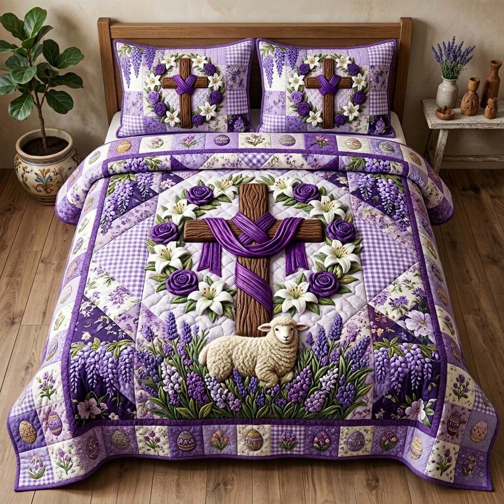 Lavender Lamb quilted 3-piece bedding set on a made bed with two matching pillow shams