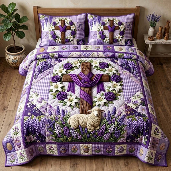 Lavender Lamb quilted 3-piece bedding set on a made bed with two matching pillow shams