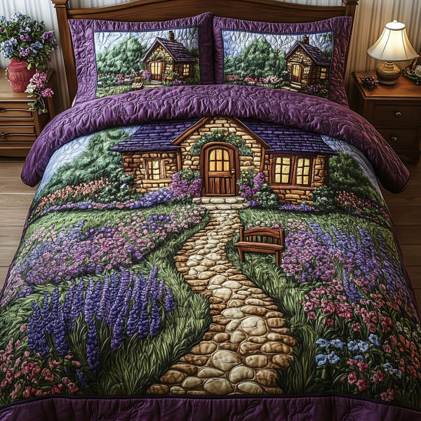 Lavender Lane Cottage quilted 3-piece bedding set on a made bed in a farmhouse bedroom
