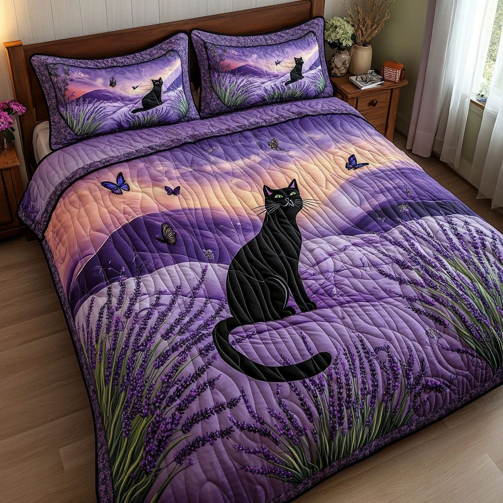 Lavender Lurker quilted 3-piece bedding set on a made bed with two matching pillow shams