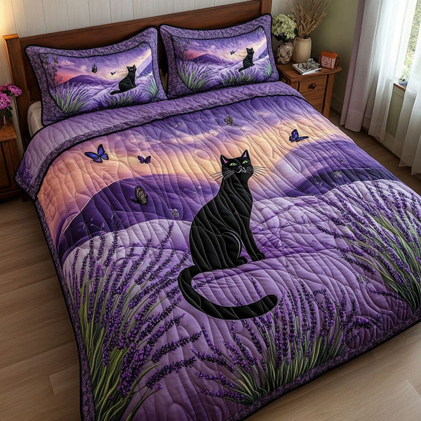 Lavender Lurker quilted 3-piece bedding set on a made bed with two matching pillow shams
