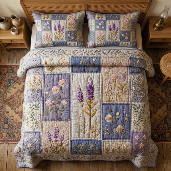 Lavender Patchwork quilted 3-piece bedding set on a made bed in a farmhouse bedroom
