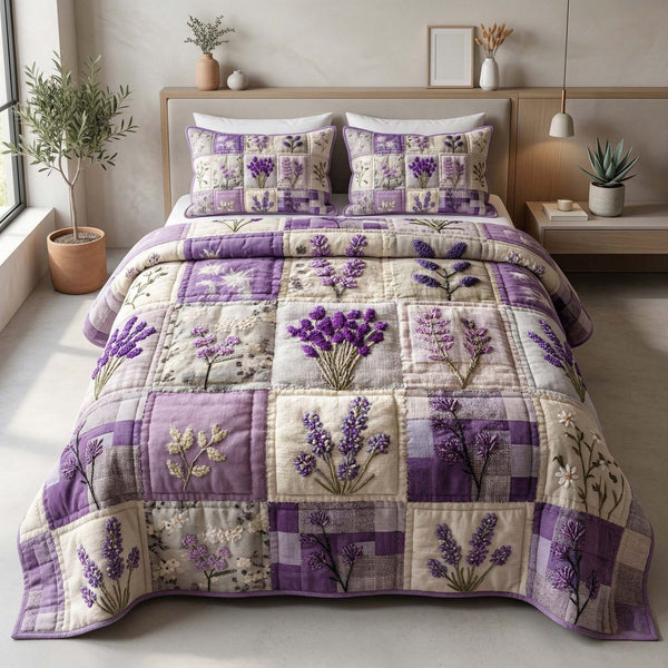 Lavender Patchwork quilted 3-piece bedding set on a made bed in a farmhouse bedroom