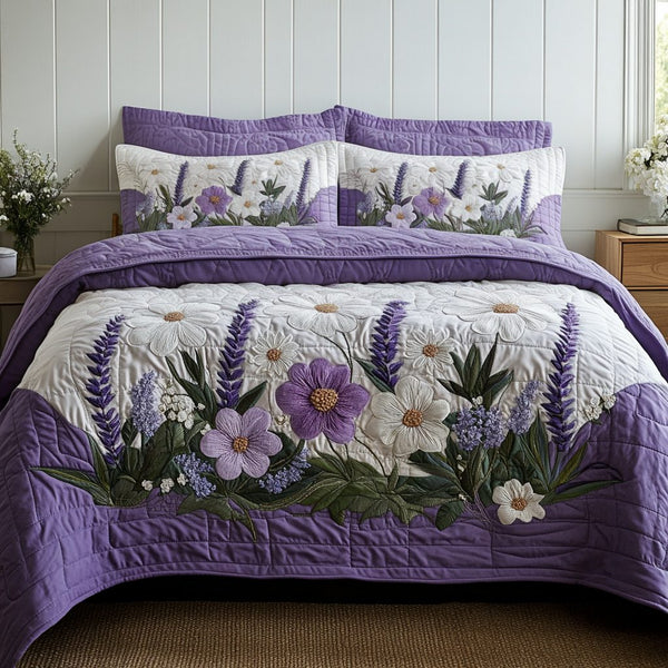Lavender quilted 3-piece bedding set on a made bed with two matching pillow shams