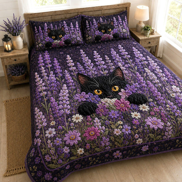 Lavender Shadow quilted 3-piece bedding set on a made bed with two matching pillow shams