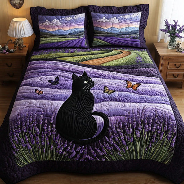 Lavender Shadows quilted 3-piece bedding set on a made bed with two matching pillow shams
