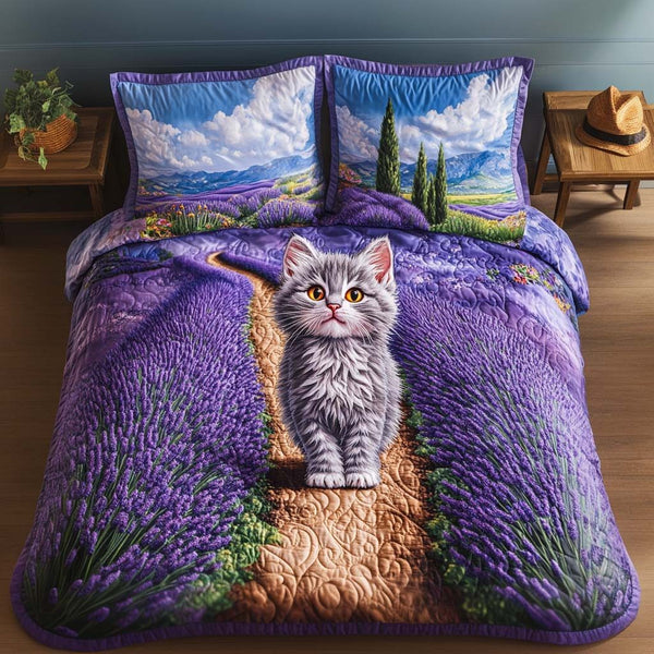 Lavender Trail quilted 3-piece bedding set on a made bed with two matching pillow shams
