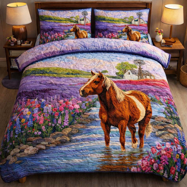 Lavender Valley Mustang quilted 3-piece bedding set on a made bed with two matching pillow shams