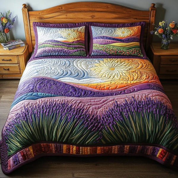 Lavender Whisper quilted 3-piece bedding set on a made bed with two matching pillow shams