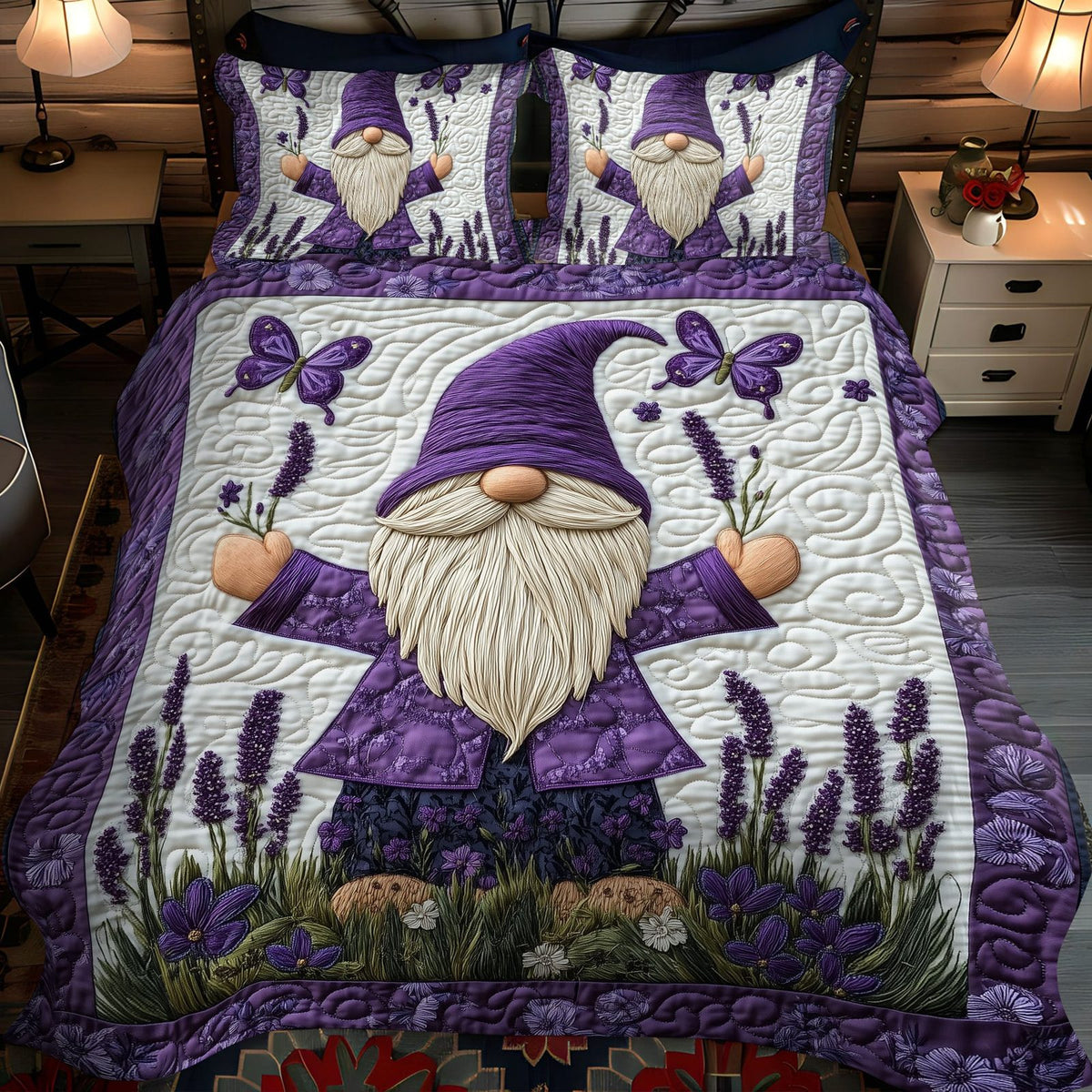 Lavender Whisperer quilted 3-piece bedding set on a made bed with two matching pillow shams