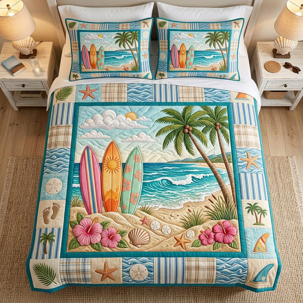 Lazy Surfer Days quilted 3-piece bedding set on a made bed with two matching pillow shams