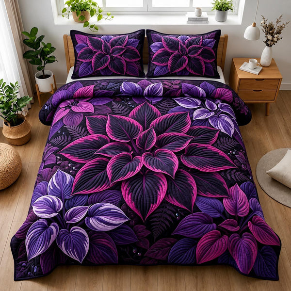 Leaf Harmony quilted 3-piece bedding set on a made bed with two matching pillow shams