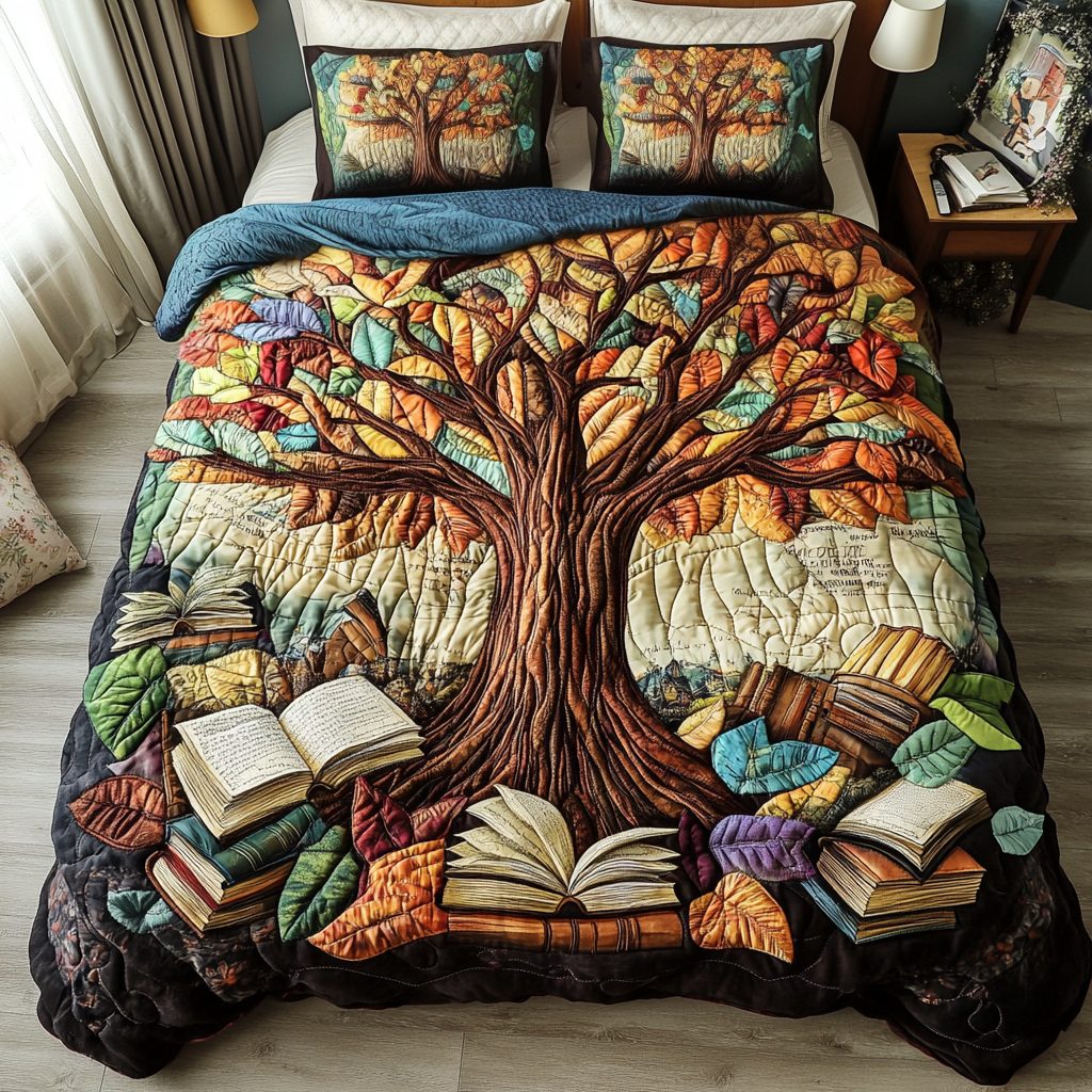 Leaf Library quilted 3-piece bedding set on a made bed with two matching pillow shams