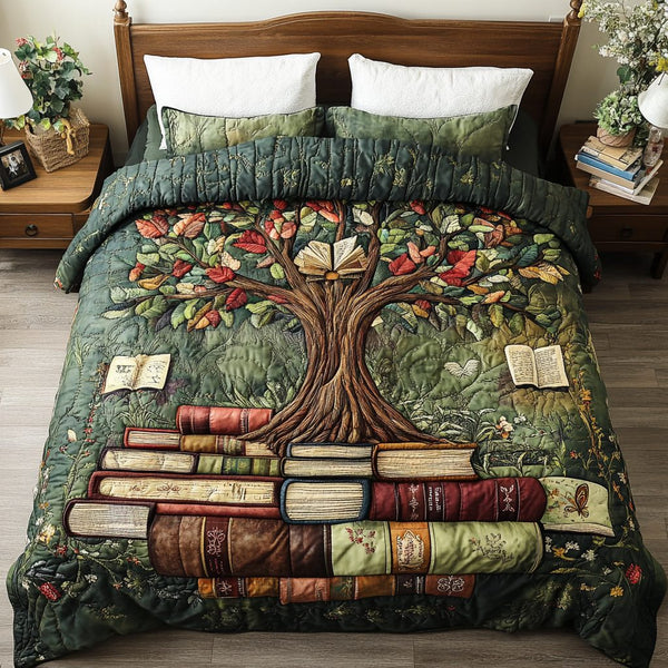 Leaf Library quilted 3-piece bedding set on a made bed with two matching pillow shams