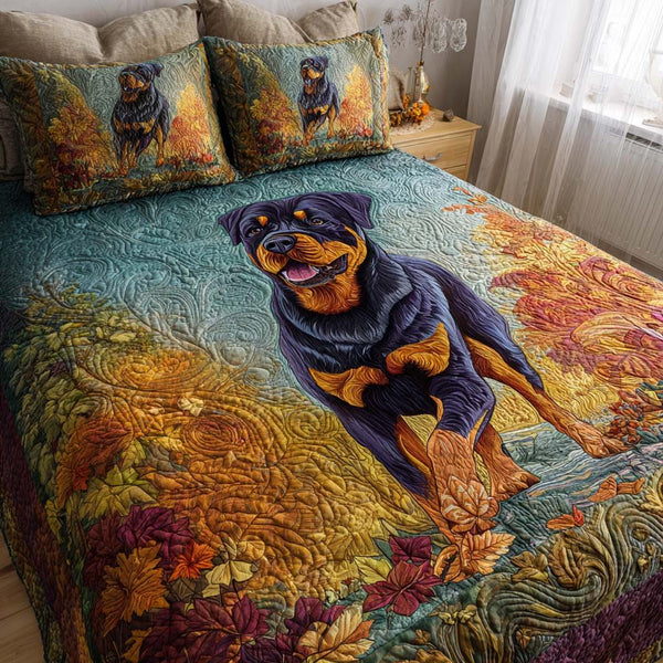 Leaf Patrol quilted 3-piece bedding set on a made bed with two matching pillow shams