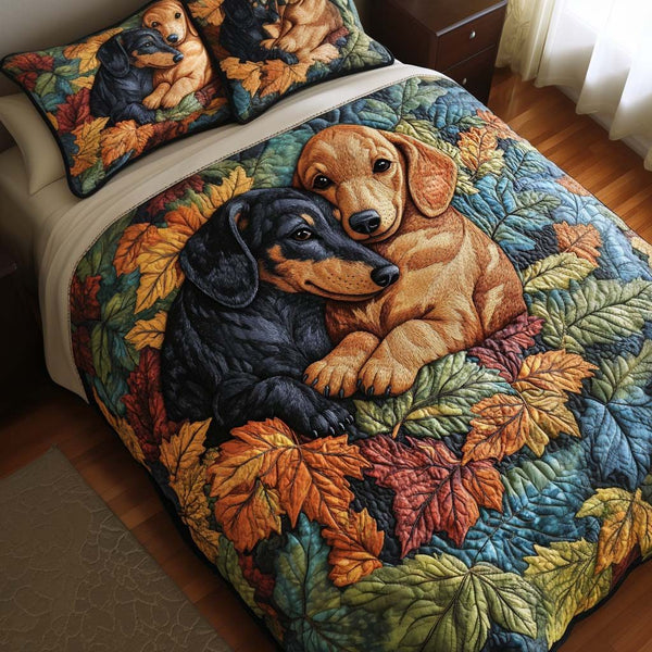 Leaf Sniffer quilted 3-piece bedding set on a made bed with two matching pillow shams