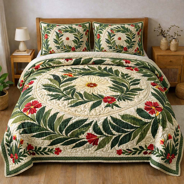 Leaf Wreath quilted 3-piece bedding set on a made bed in a winter-styled bedroom