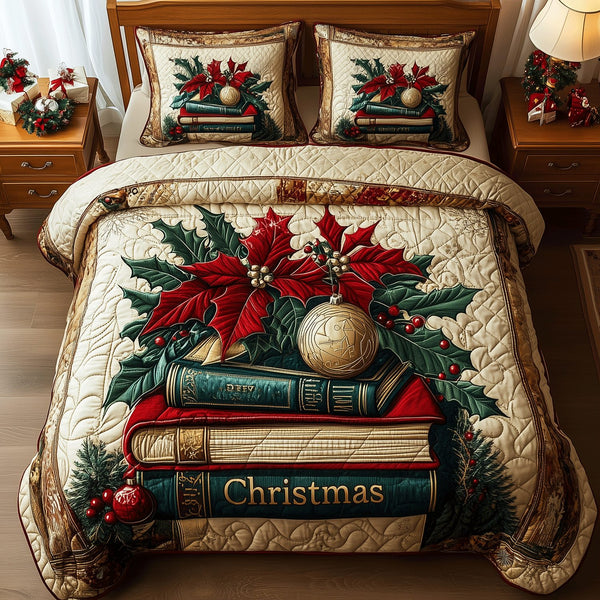 Leafy Literary quilted 3-piece bedding set on a made bed with two matching pillow shams