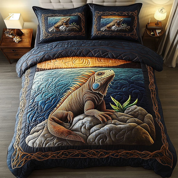Leafy Tail quilted 3-piece bedding set on a made bed with two matching pillow shams