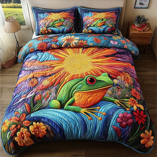 Leap of Joy quilted 3-piece bedding set on a made bed with two matching pillow shams