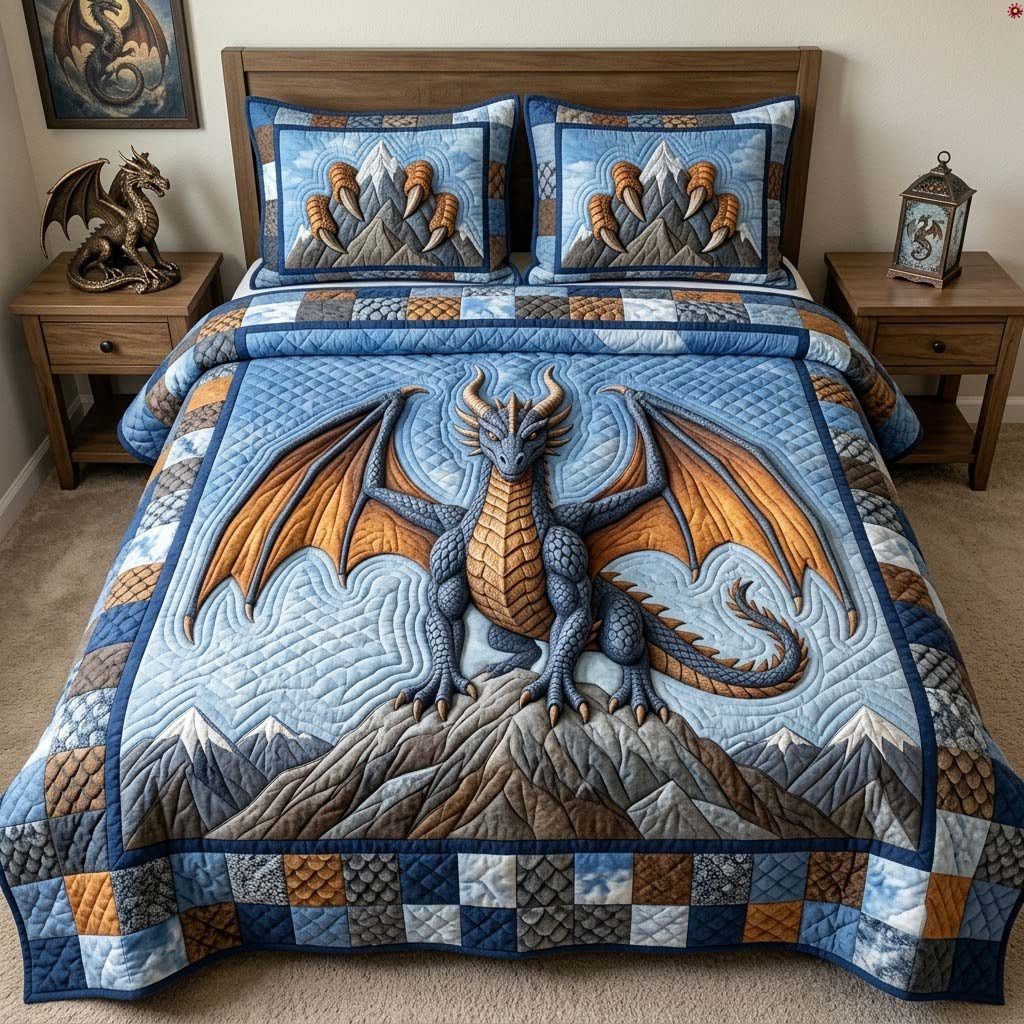 Legendsofthe Dragon quilted 3-piece bedding set on a made bed with two matching pillow shams