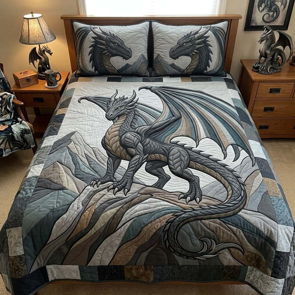 Legendsofthe Dragon quilted 3-piece bedding set on a made bed with two matching pillow shams