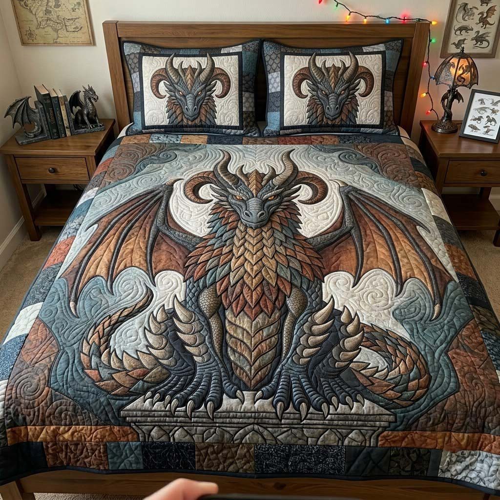Legendsofthe Dragon quilted 3-piece bedding set on a made bed with two matching pillow shams