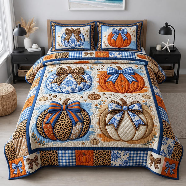 Leopard Autumn quilted 3-piece bedding set on a made bed with two matching pillow shams
