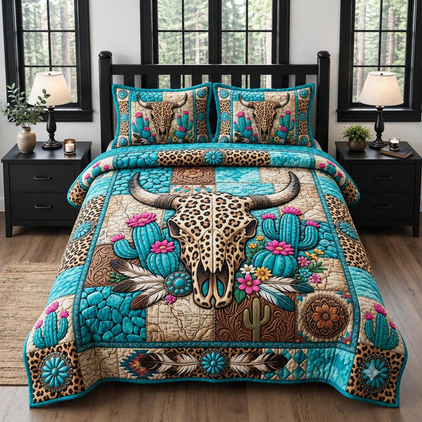Leopard Cowgirl quilted 3-piece bedding set on a made bed in a rustic timber bedroom