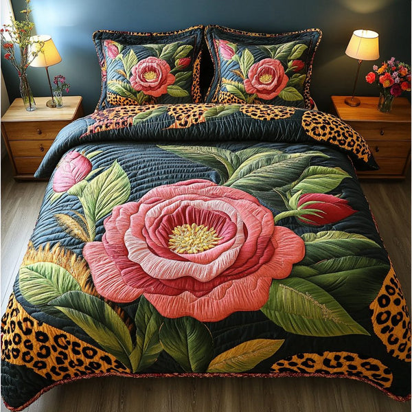 Leopard Garden quilted 3-piece bedding set on a made bed with two matching pillow shams