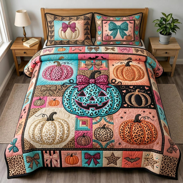 Leopard Harvest quilted 3-piece bedding set on a made bed with two matching pillow shams